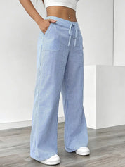 Women Striped Wide Leg Trousers | Drawstring Casual Pants-Women Pants-Homefinn