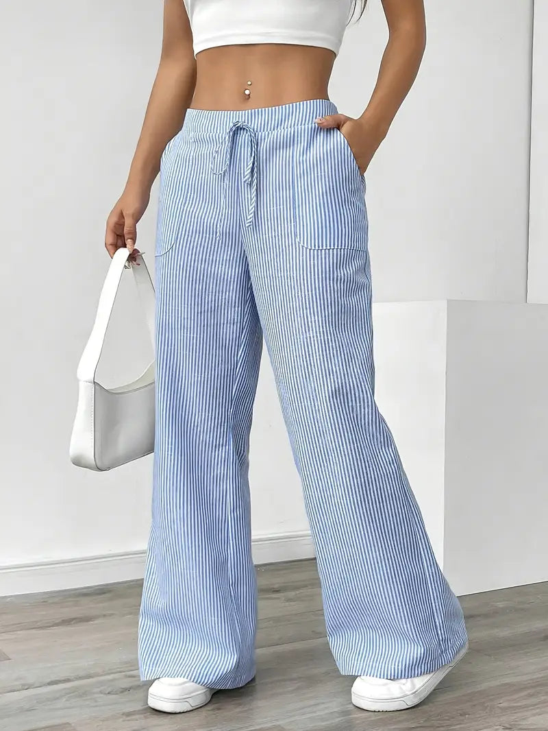 Women Striped Wide Leg Trousers | Drawstring Casual Pants-Women Pants-Homefinn