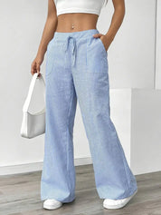 Women Striped Wide Leg Trousers | Drawstring Casual Pants-Women Pants-Homefinn