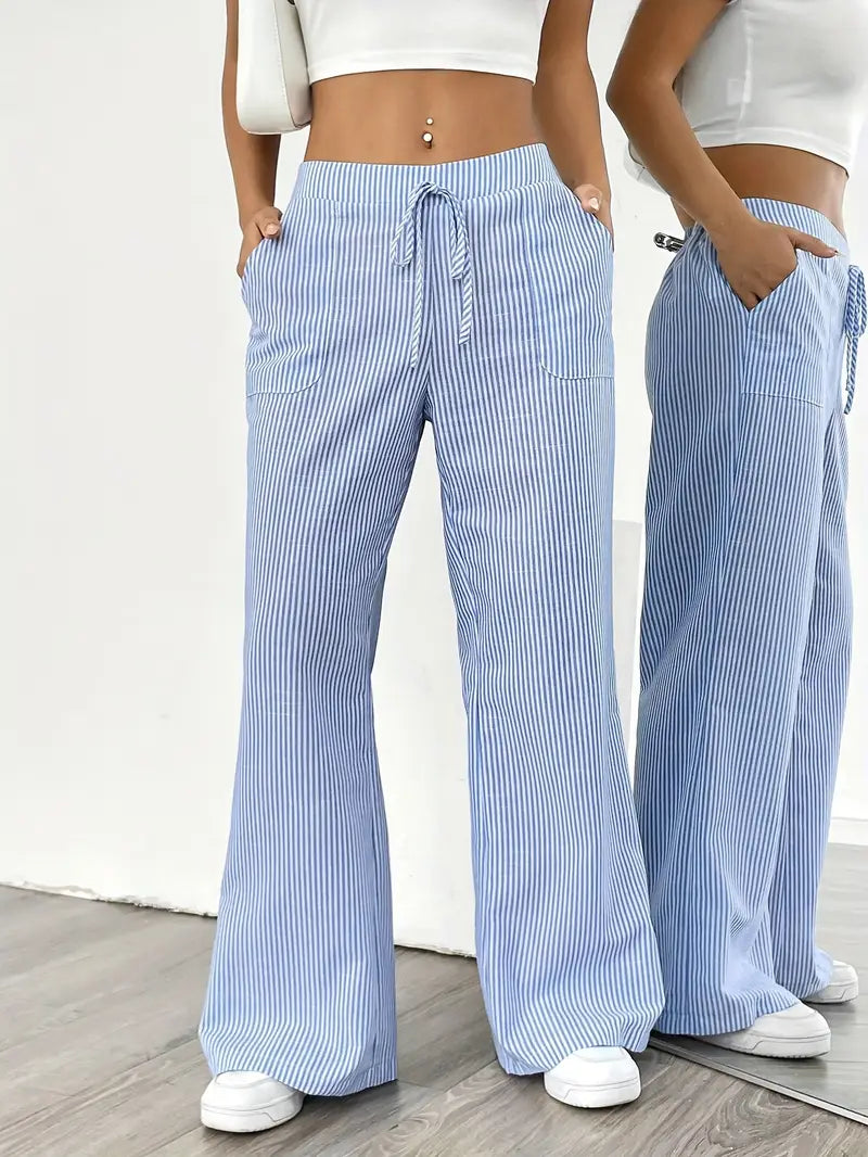 Women Striped Wide Leg Trousers | Drawstring Casual Pants-Women Pants-Homefinn