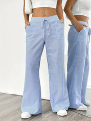 Women Striped Wide Leg Trousers | Drawstring Casual Pants-Women Pants-Homefinn