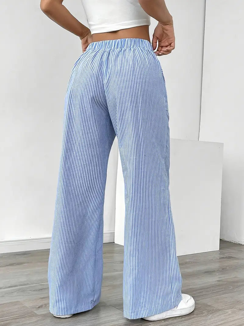 Women Striped Wide Leg Trousers | Drawstring Casual Pants-Women Pants-Homefinn
