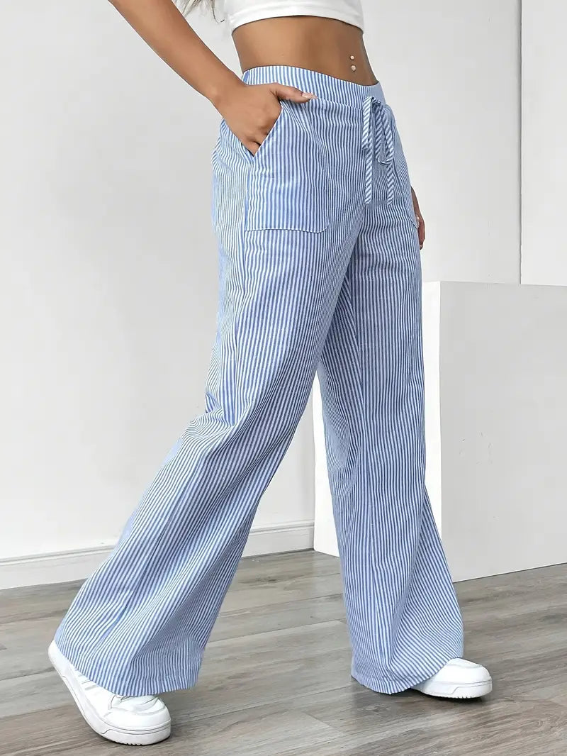 Women Striped Wide Leg Trousers | Drawstring Casual Pants-Women Pants-Homefinn