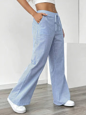 Women Striped Wide Leg Trousers | Drawstring Casual Pants-Women Pants-Homefinn