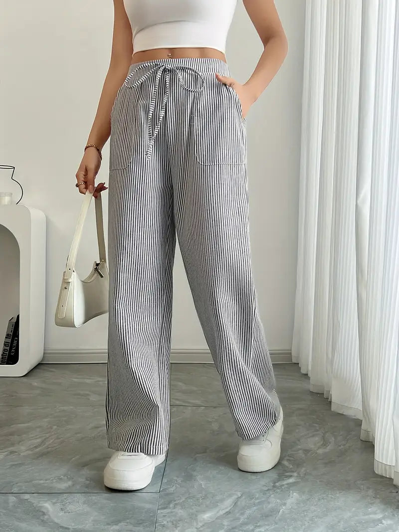 Women Striped Wide Leg Trousers | Drawstring Casual Pants-Women Pants-Homefinn