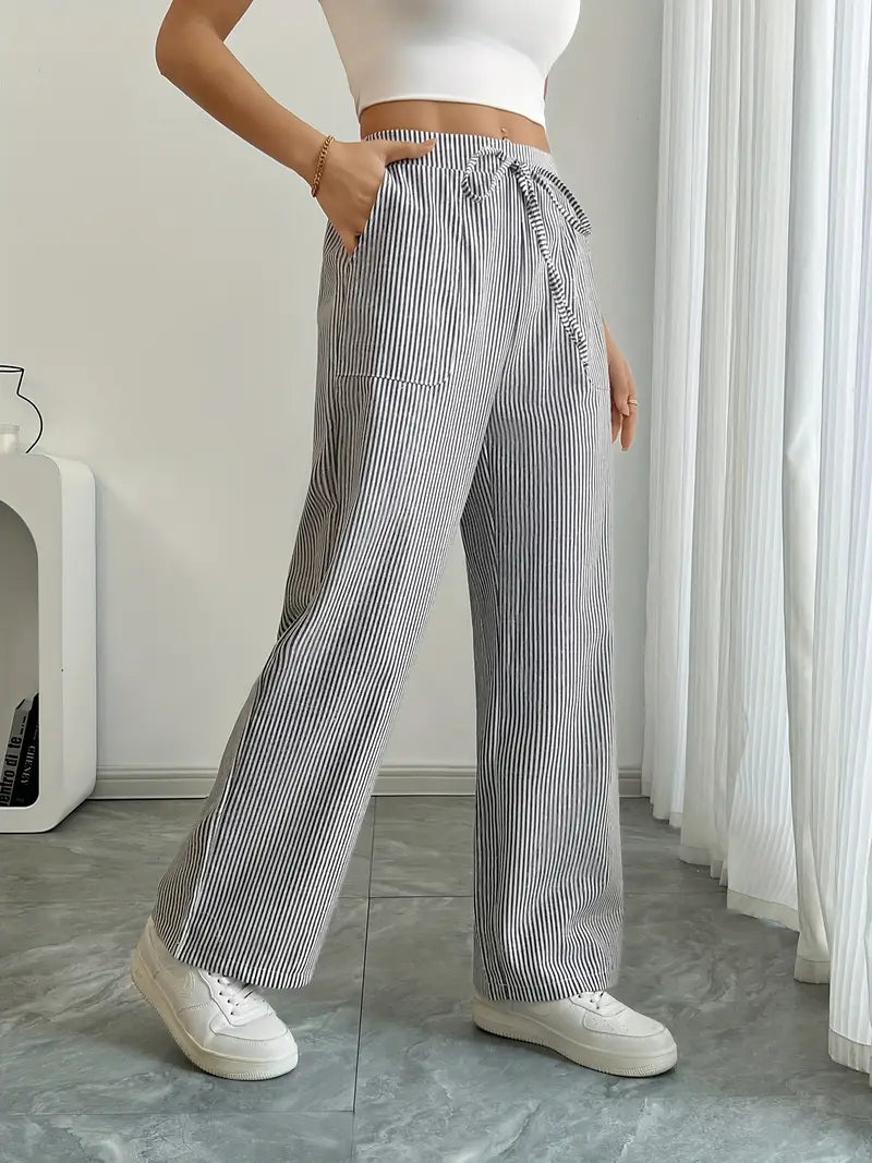 Women Striped Wide Leg Trousers | Drawstring Casual Pants-Women Pants-Homefinn