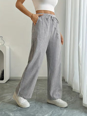 Women Striped Wide Leg Trousers | Drawstring Casual Pants-Women Pants-Homefinn