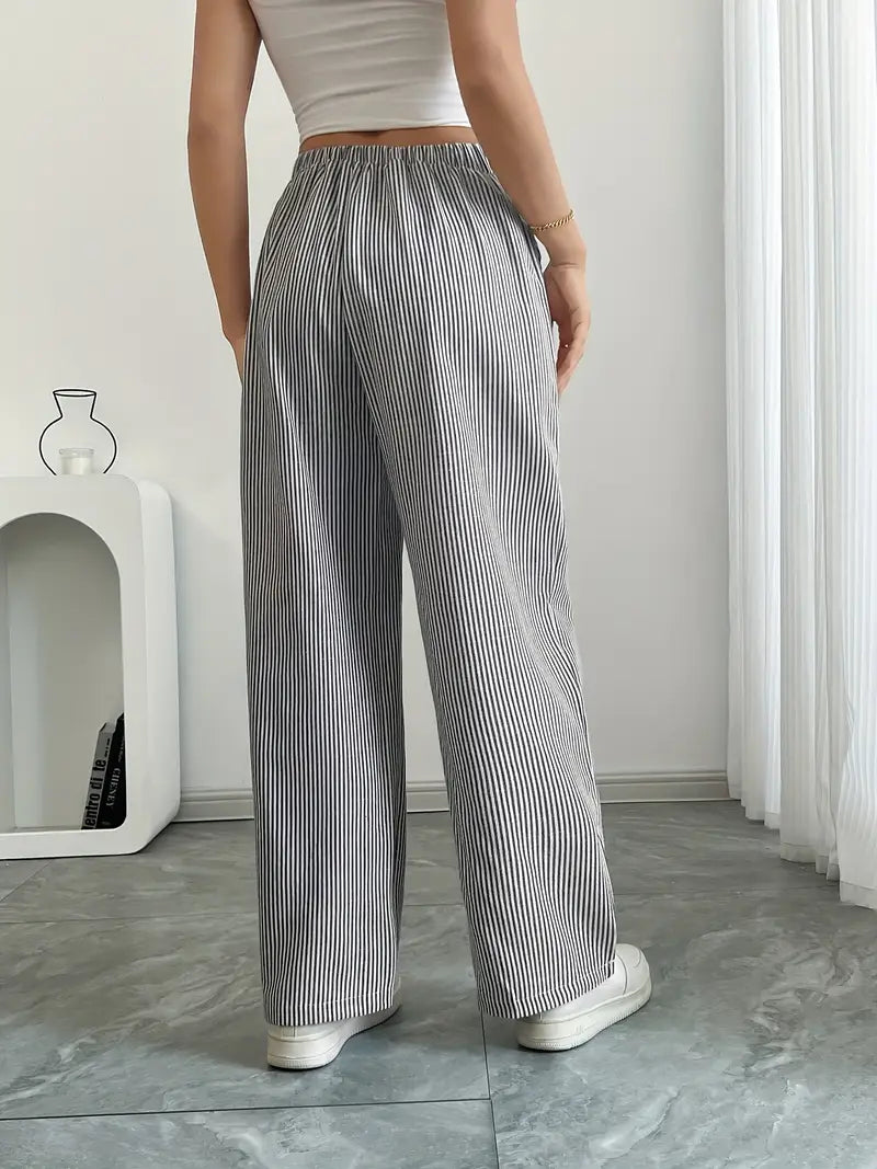 Women Striped Wide Leg Trousers | Drawstring Casual Pants-Women Pants-Homefinn