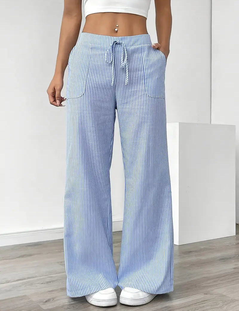 Women Striped Wide Leg Trousers | Drawstring Casual Pants-Women Pants-Homefinn