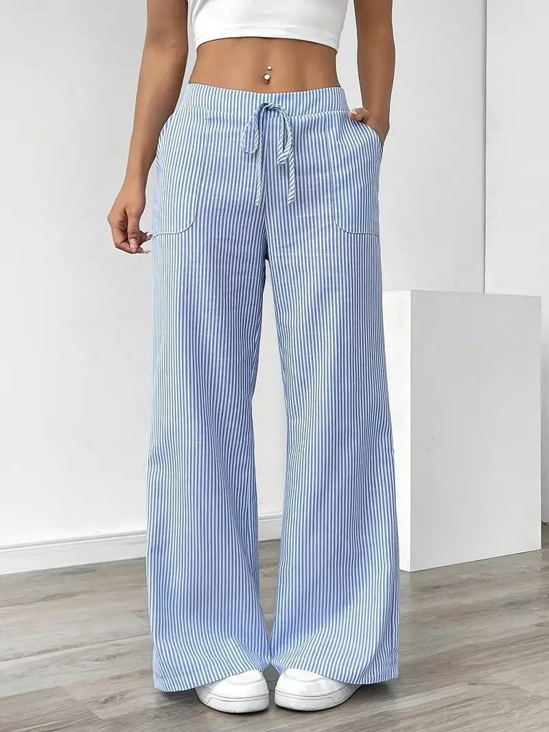 Women Striped Wide Leg Trousers | Drawstring Casual Pants-Women Pants-Homefinn