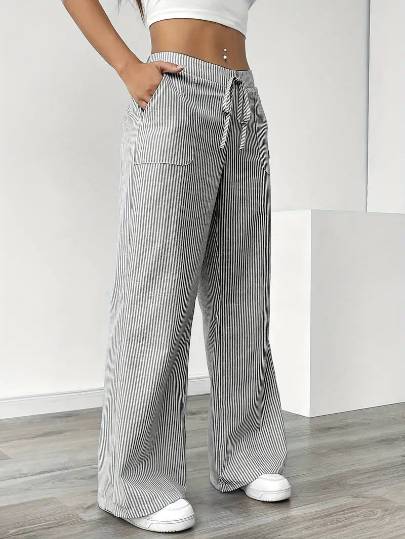 Women Striped Wide Leg Trousers | Drawstring Casual Pants-Women Pants-Homefinn