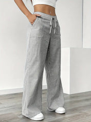 Women Striped Wide Leg Trousers | Drawstring Casual Pants-Women Pants-Homefinn