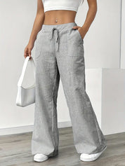 Women Striped Wide Leg Trousers | Drawstring Casual Pants-Women Pants-Homefinn