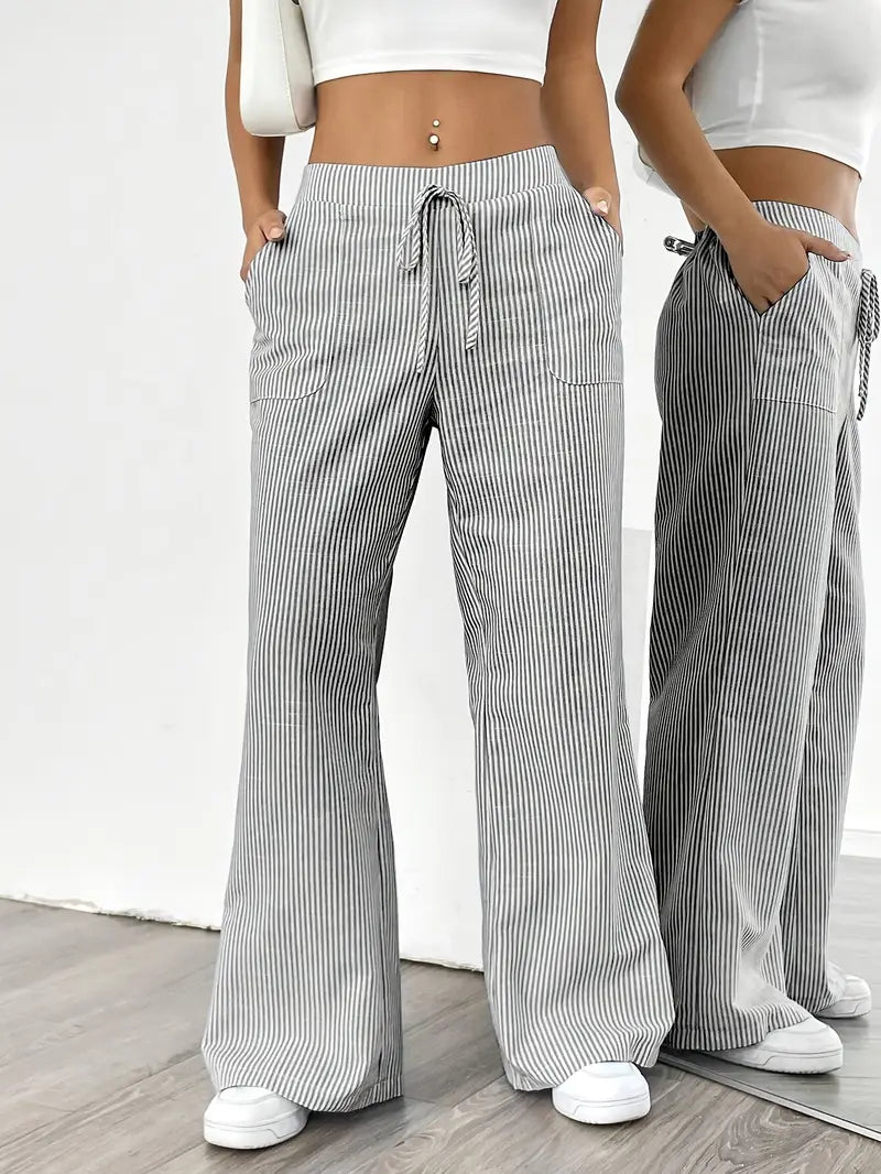 Women Striped Wide Leg Trousers | Drawstring Casual Pants-Women Pants-Homefinn