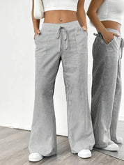 Women Striped Wide Leg Trousers | Drawstring Casual Pants-Women Pants-Homefinn