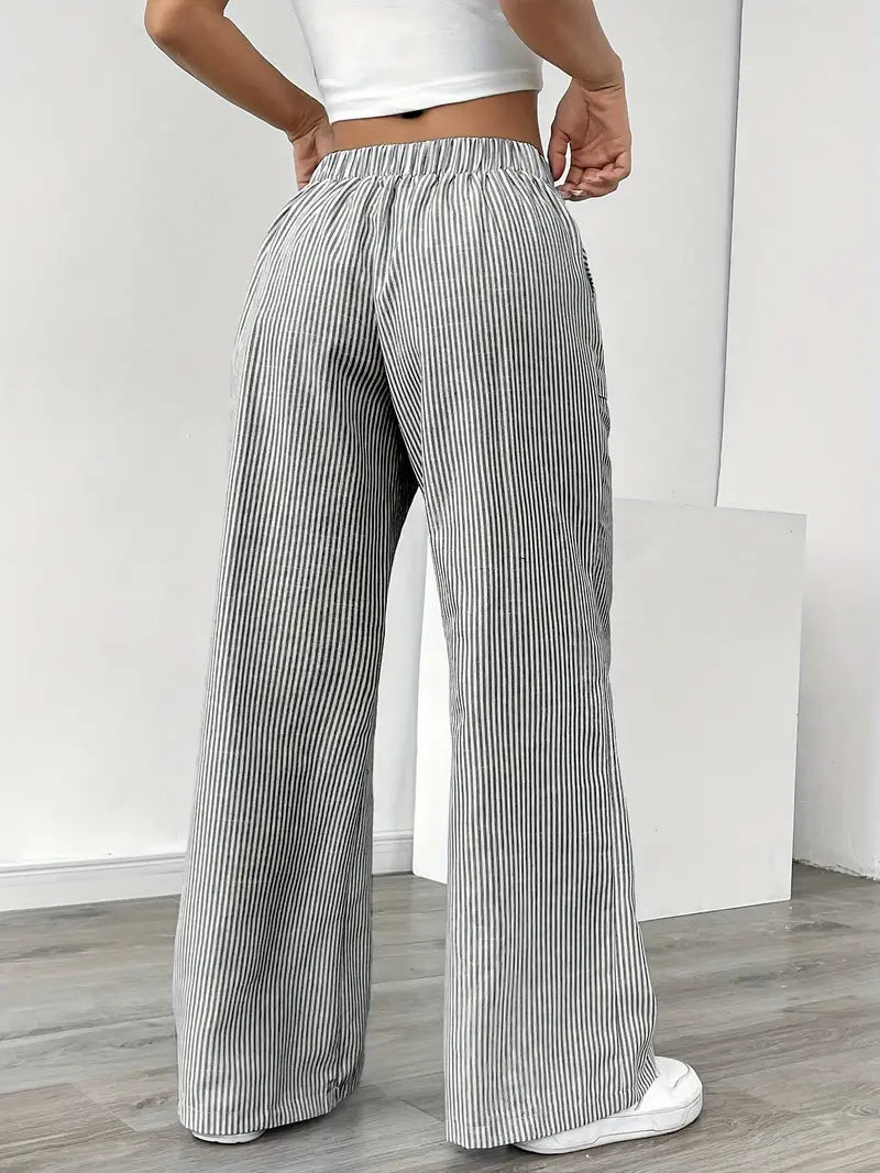 Women Striped Wide Leg Trousers | Drawstring Casual Pants-Women Pants-Homefinn