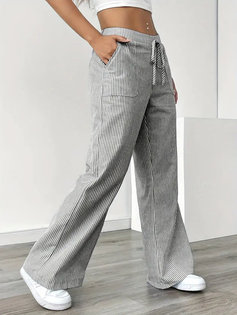 Women Striped Wide Leg Trousers | Drawstring Casual Pants-Women Pants-Homefinn