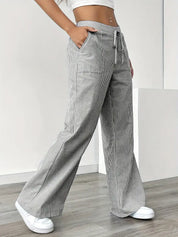 Women Striped Wide Leg Trousers | Drawstring Casual Pants-Women Pants-Homefinn
