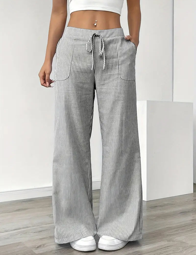 Women Striped Wide Leg Trousers | Drawstring Casual Pants-Women Pants-Homefinn