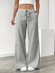Women Striped Wide Leg Trousers | Drawstring Casual Pants-Women Pants-Homefinn