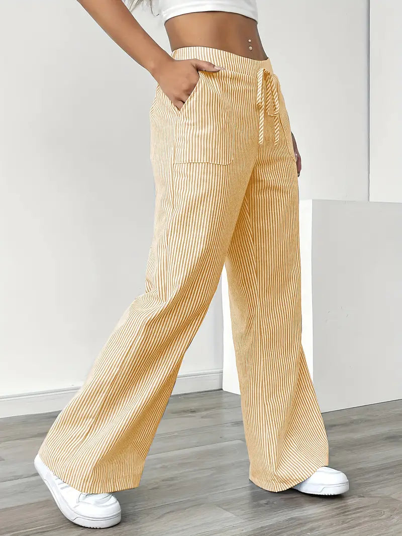 Women Striped Wide Leg Trousers | Drawstring Casual Pants-Women Pants-Homefinn