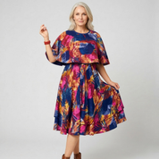 Women Tropical Print Midi Dress | Layered Cape Sleeve Occasion Wear-Women Dress-Homefinn