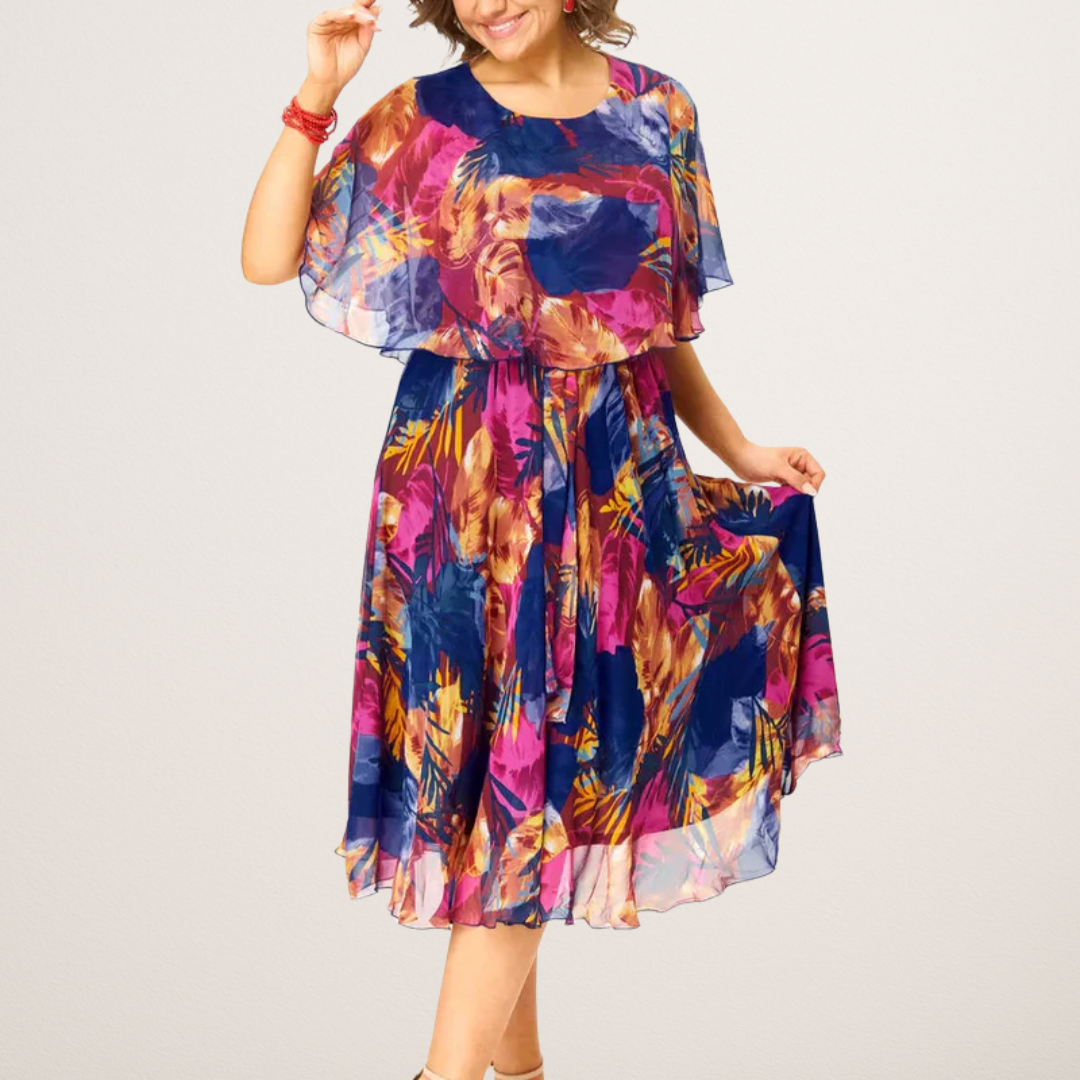 Women Tropical Print Midi Dress | Layered Cape Sleeve Occasion Wear-Women Dress-Homefinn