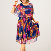 Women Tropical Print Midi Dress | Layered Cape Sleeve Occasion Wear-Women Dress-Homefinn