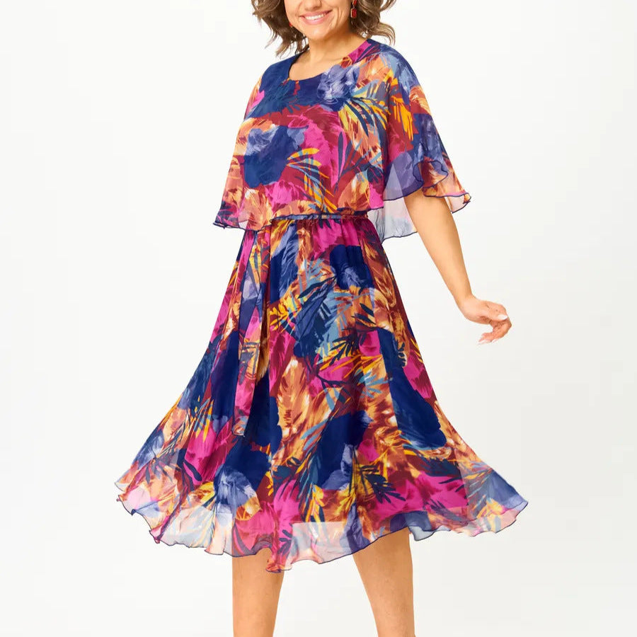 Women Tropical Print Midi Dress | Layered Cape Sleeve Occasion Wear-Women Dress-Homefinn