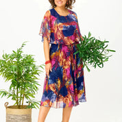 Women Tropical Print Midi Dress | Layered Cape Sleeve Occasion Wear-Women Dress-Homefinn