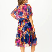 Women Tropical Print Midi Dress | Layered Cape Sleeve Occasion Wear-Women Dress-Homefinn
