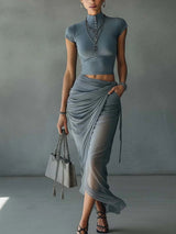 Women's Two Piece Skirt Set | Crop Top Ruched Maxi Skirt Holiday Wear