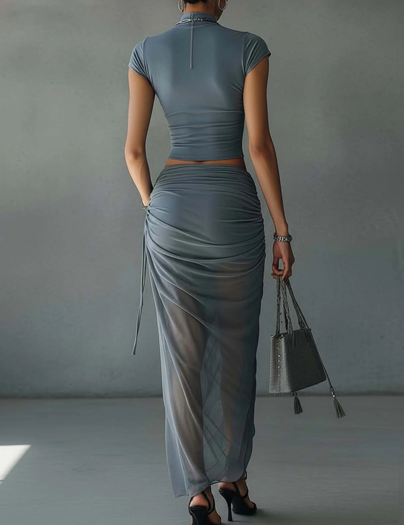 Women Two Piece Skirt Set | Crop Top Ruched Maxi Skirt Holiday Wear-Women Set-Homefinn