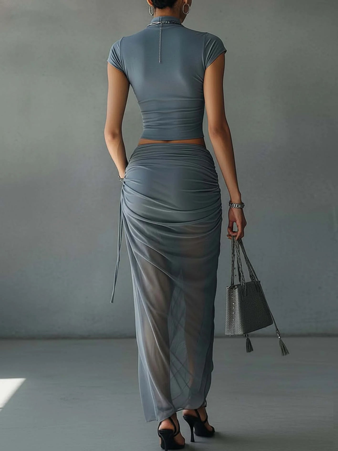 Women Two Piece Skirt Set | Crop Top Ruched Maxi Skirt Holiday Wear-Women Set-Homefinn