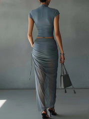 Women Two Piece Skirt Set | Crop Top Ruched Maxi Skirt Holiday Wear-Women Set-Homefinn