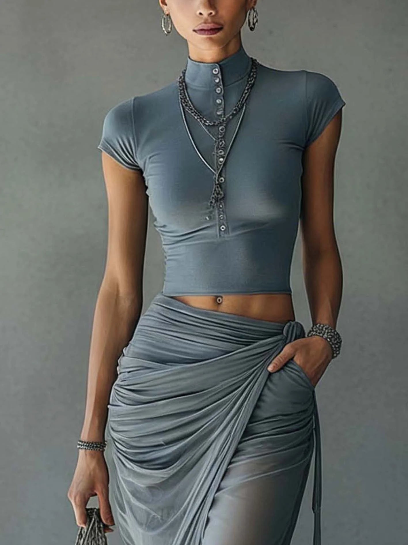 Women Two Piece Skirt Set | Crop Top Ruched Maxi Skirt Holiday Wear-Women Set-Homefinn