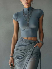Women Two Piece Skirt Set | Crop Top Ruched Maxi Skirt Holiday Wear-Women Set-Homefinn