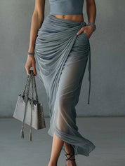 Women Two Piece Skirt Set | Crop Top Ruched Maxi Skirt Holiday Wear-Women Set-Homefinn