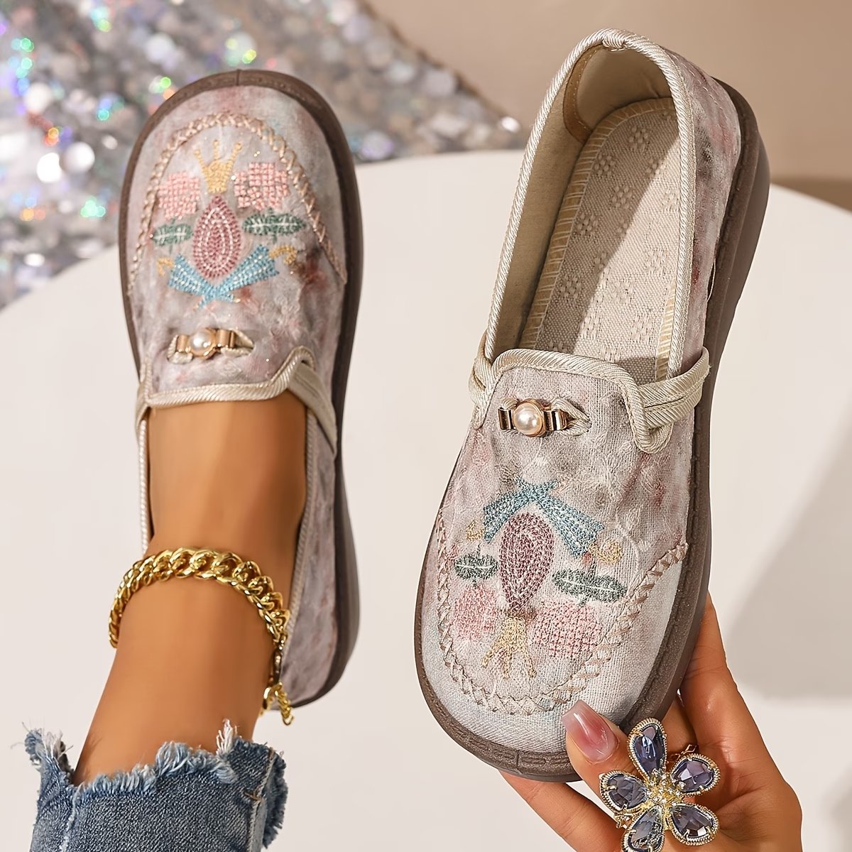Women's Embroidered Floral Slip On Shoes | Rounded Toe Decorative Accent Everyday Wear-Women Shoes-Homefinn