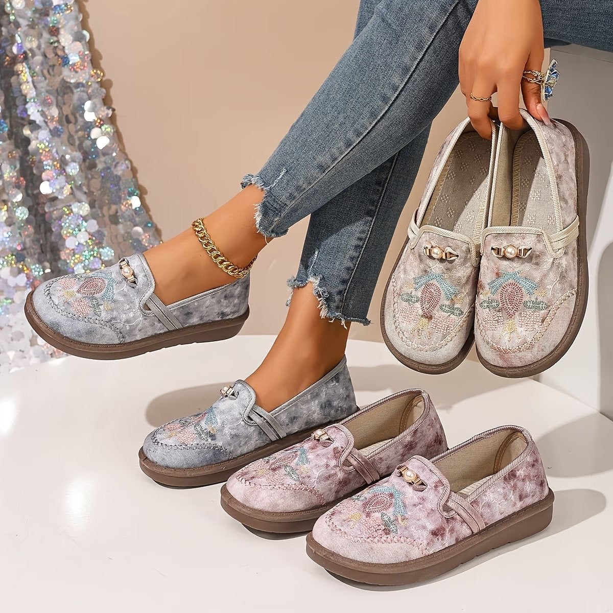 Amelia | Women's Embroidered Floral Loafers Pearl Detail - Image 4