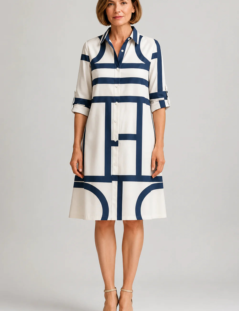 Women Geometric Print Shirt Dress | Button Front Collared Everyday Wear-Dress-Homefinn